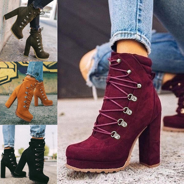 Round Toe Lace up High Heeled Boots.