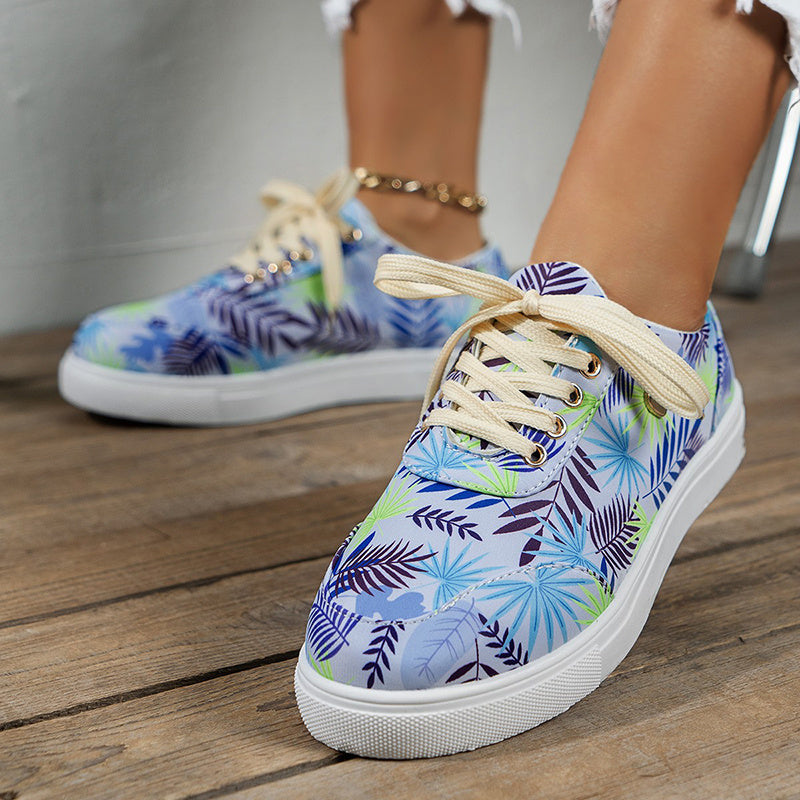 Canvas Shoes For Women Lace-Up Flats Leaves Print Casual Sneakers