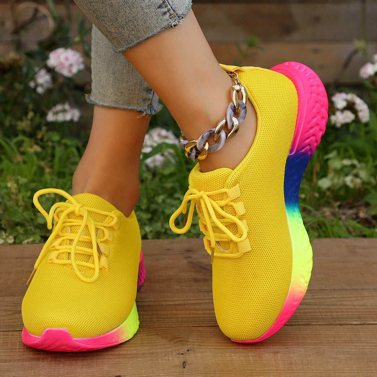 Lace-Up Mesh Shoes With Rainbow Sole Design Sneakers for Trendy Style