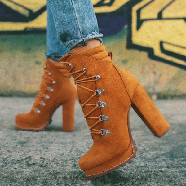 Round Toe Lace up High Heeled Boots.