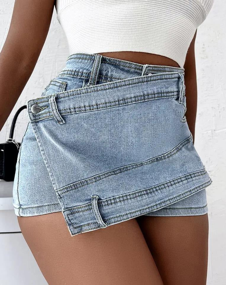 Denim Shorts Overlap Waist Wrap Skinny Mini Skorts - Ricky Dale 