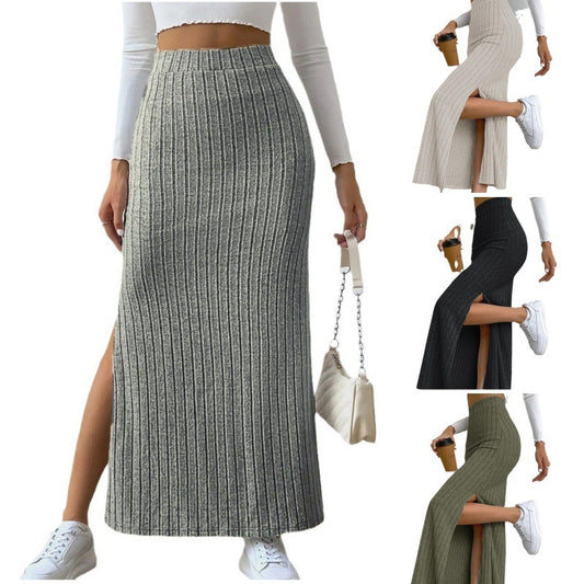 Long Knitted Skirt, High Waist with Side Slit. - Ricky Dale 