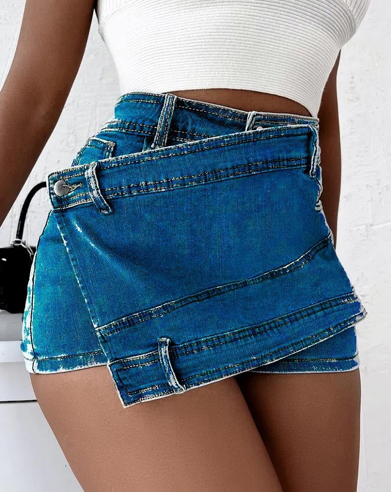 Denim Shorts Overlap Waist Wrap Skinny Mini Skorts - Ricky Dale 