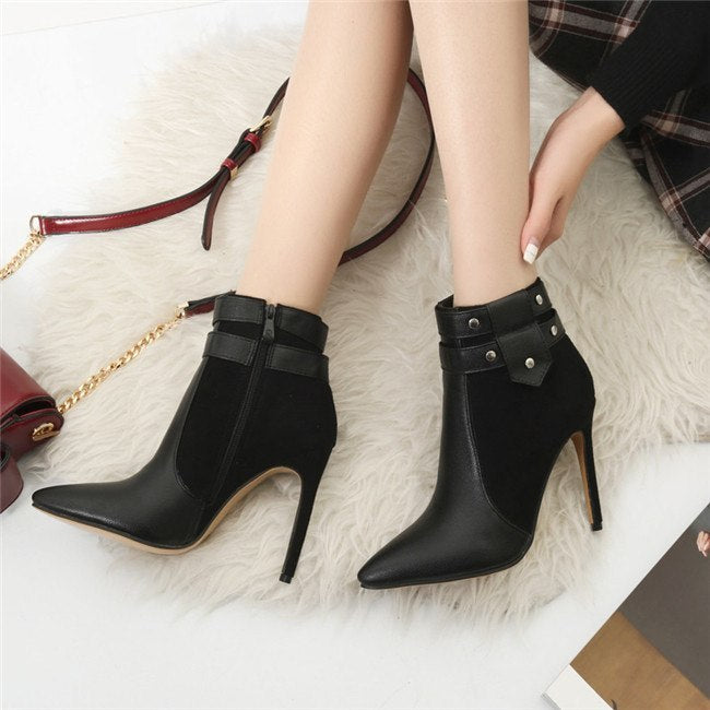 Buckle Strap Rivets Stiletto Ankle Boots.