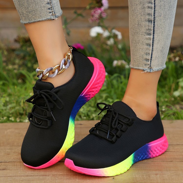 Lace-Up Mesh Shoes With Rainbow Sole Design Sneakers for Trendy Style