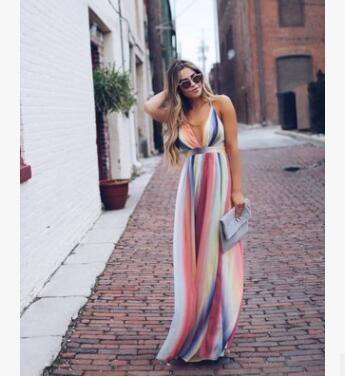 Rainbow V-Neck Sleeveless Spaghetti Strap Backless Bohemian Maxi Dress. - Ricky Dale 