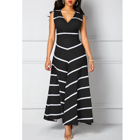 Europe and the United States large size V-neck high-waisted striped print slim Maxi large long skirt sleeveless dress