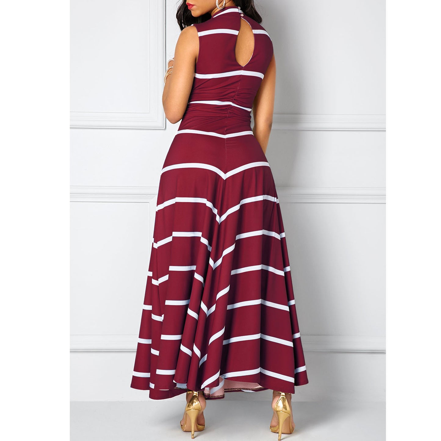 Europe and the United States large size V-neck high-waisted striped print slim Maxi large long skirt sleeveless dress