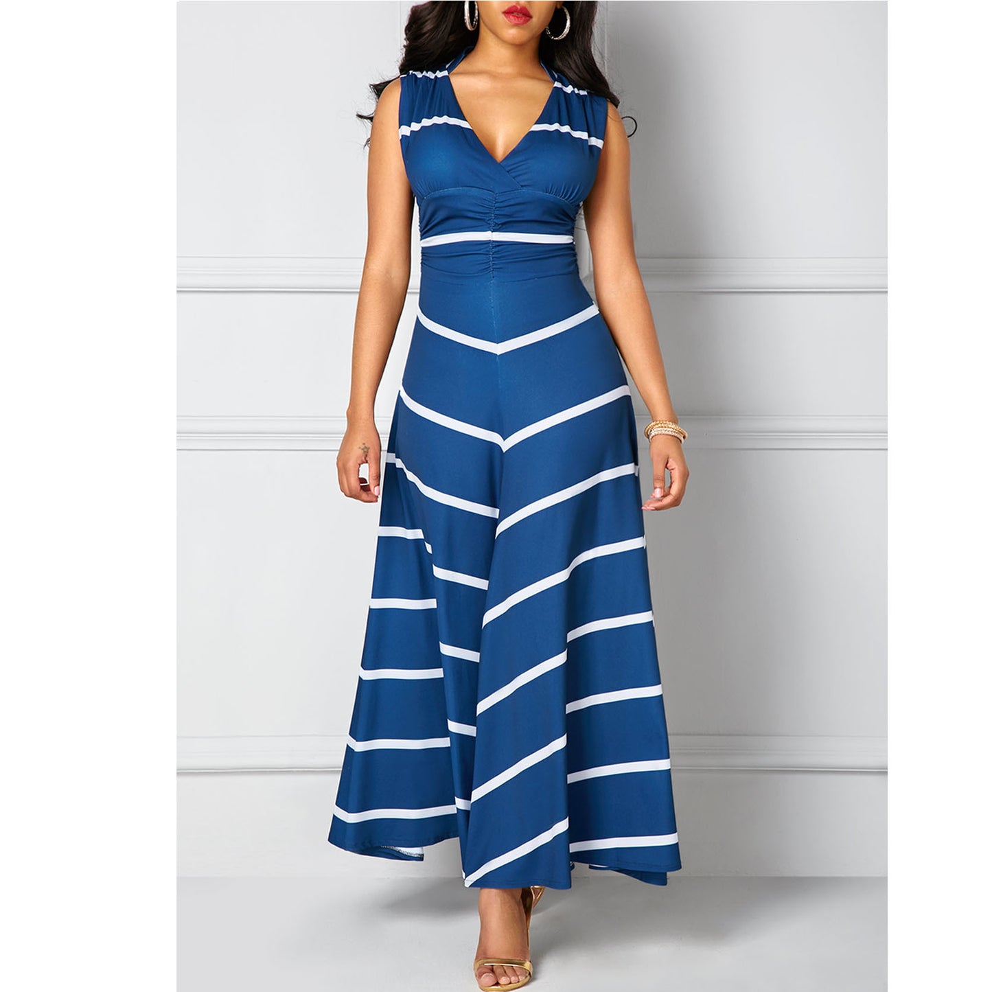 Europe and the United States large size V-neck high-waisted striped print slim Maxi large long skirt sleeveless dress