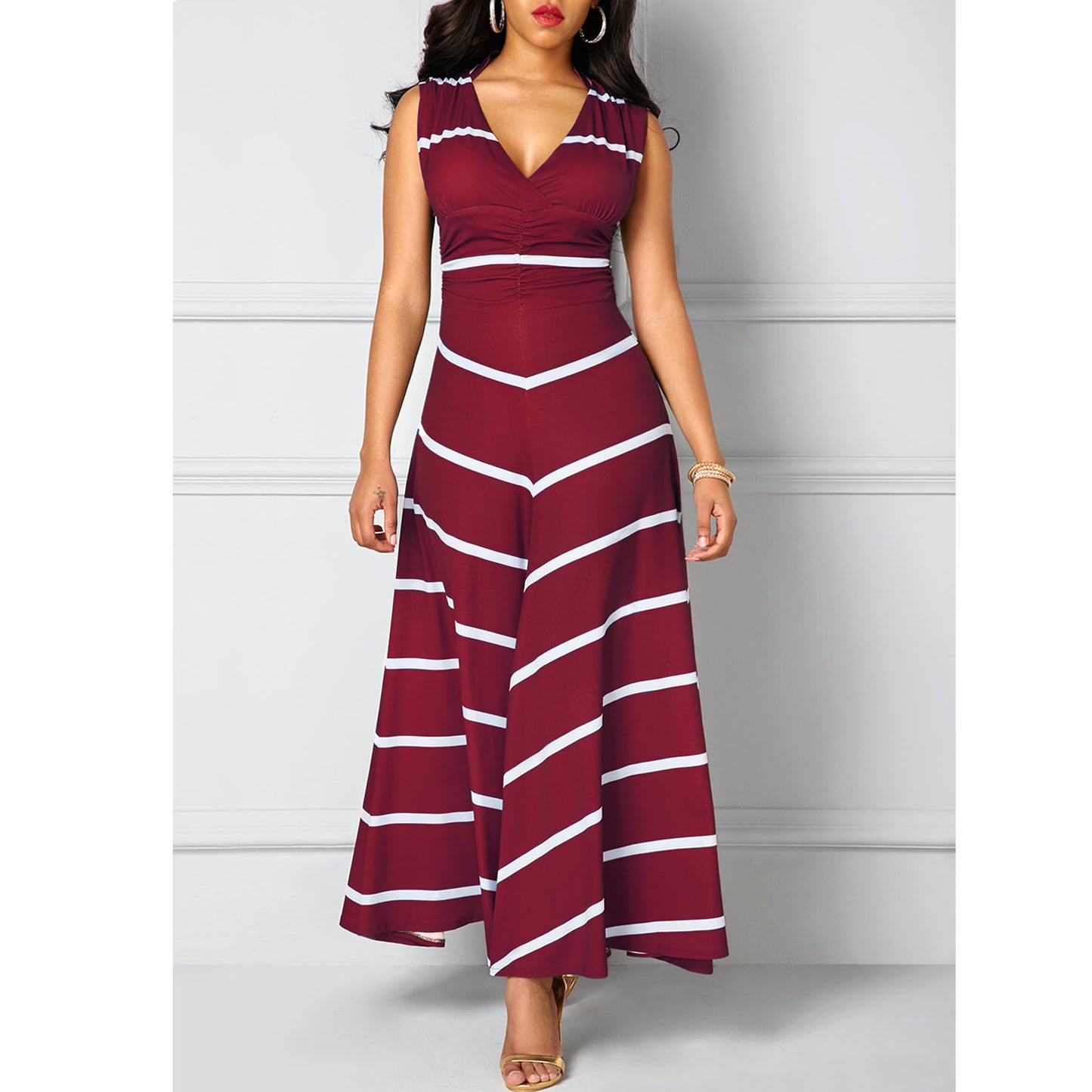 Europe and the United States large size V-neck high-waisted striped print slim Maxi large long skirt sleeveless dress