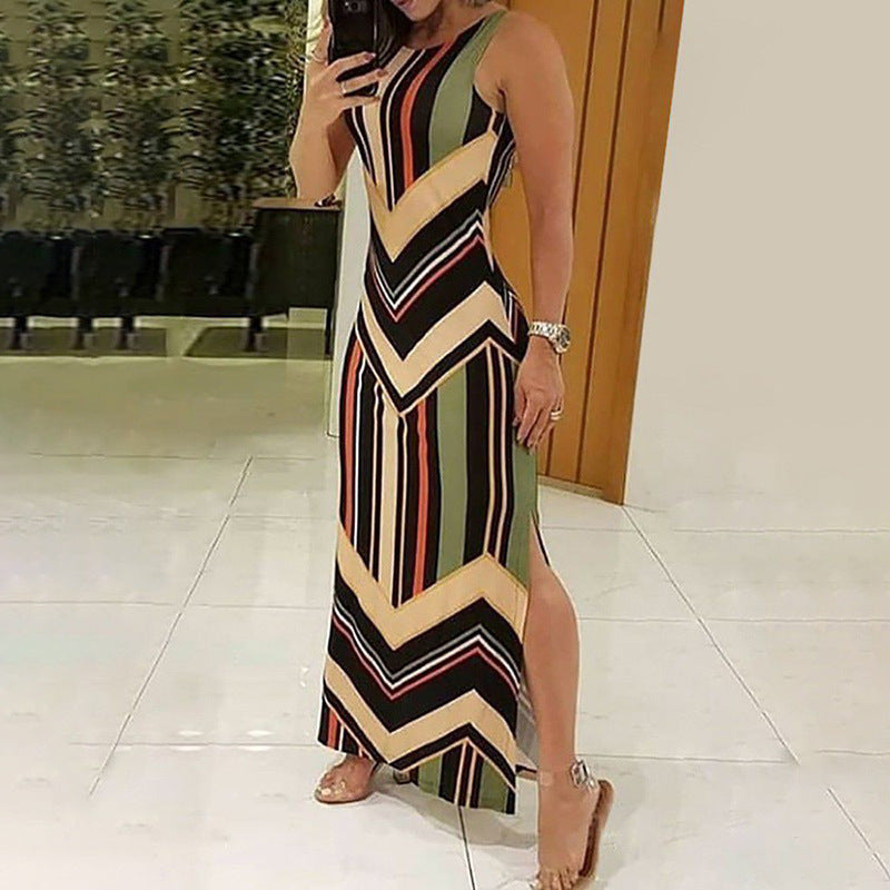 Colourful Striped Print Side Slit Maxi Dress Women. - Ricky Dale 