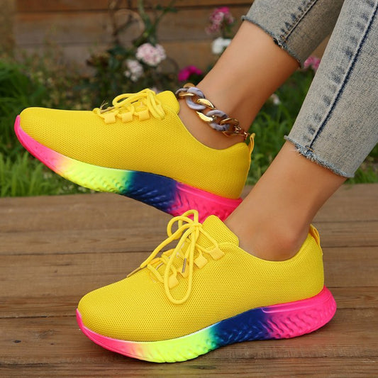 Lace-Up Mesh Shoes With Rainbow Sole Design Sneakers for Trendy Style