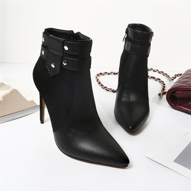 Buckle Strap Rivets Stiletto Ankle Boots.