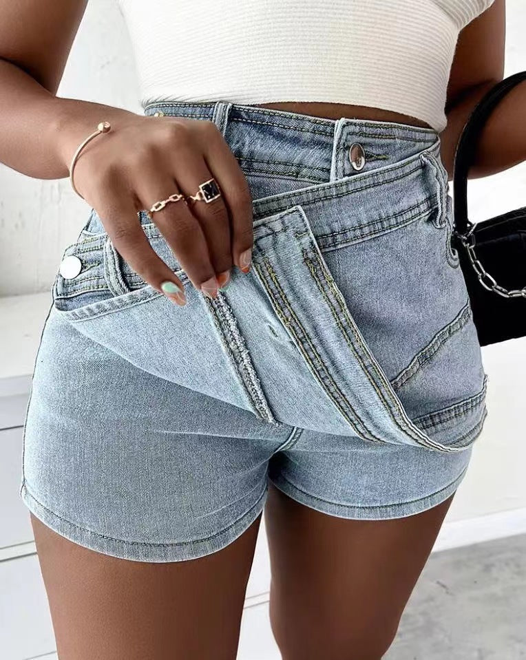 Denim Shorts Overlap Waist Wrap Skinny Mini Skorts - Ricky Dale 