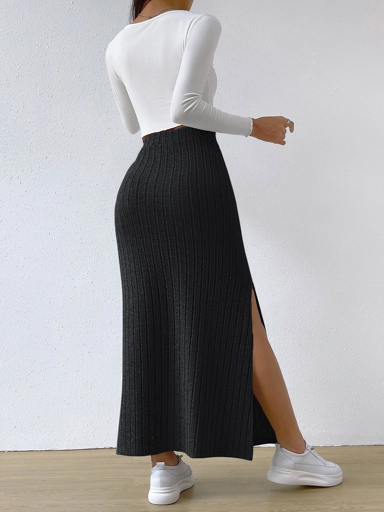 Long Knitted Skirt, High Waist with Side Slit. - Ricky Dale 