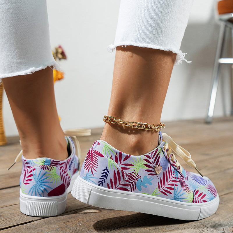 Canvas Shoes For Women Lace-Up Flats Leaves Print Casual Sneakers