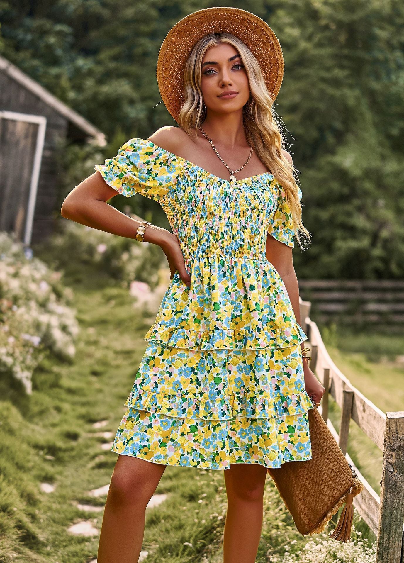 Floral Off Shoulder or Short Sleeved Summer Mini Dress. - Ricky Dale 