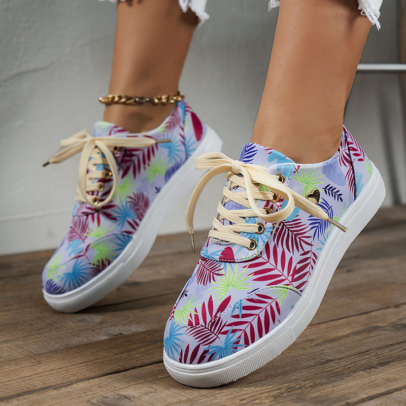 Canvas Shoes For Women Lace-Up Flats Leaves Print Casual Sneakers