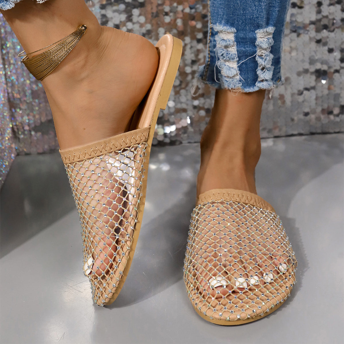 Transparent Slipper Sandals With Rhinestones.