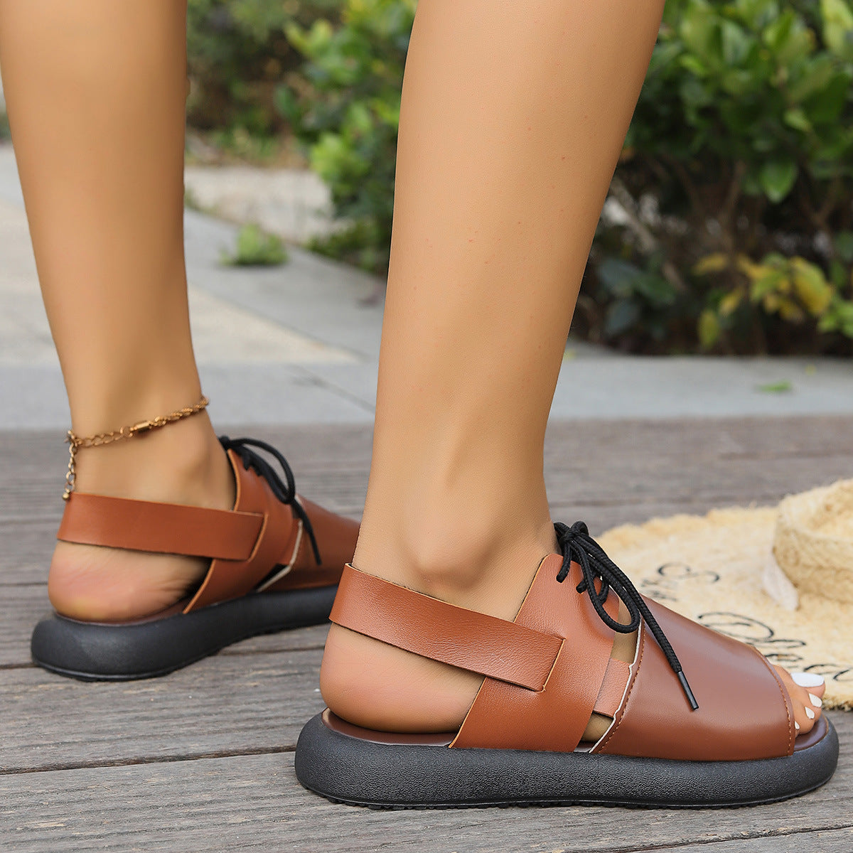 Fish Mouth Colour-block Lace-up Roman Sandals.