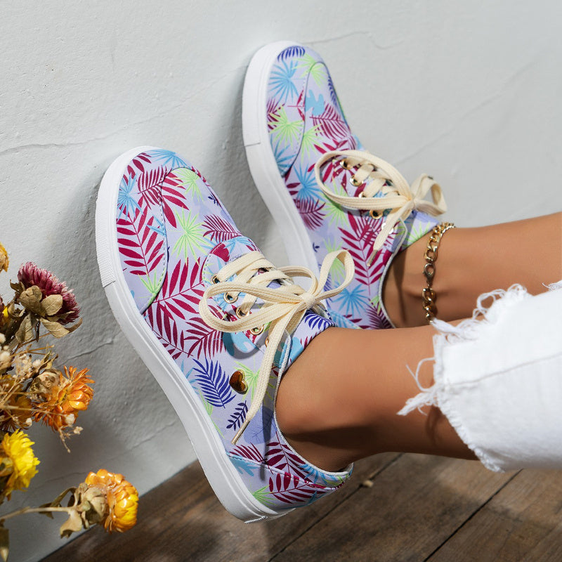 Canvas Shoes For Women Lace-Up Flats Leaves Print Casual Sneakers