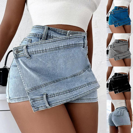 Denim Shorts Overlap Waist Wrap Skinny Mini Skorts - Ricky Dale 