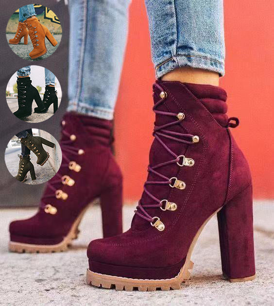 Round Toe Lace up High Heeled Boots.