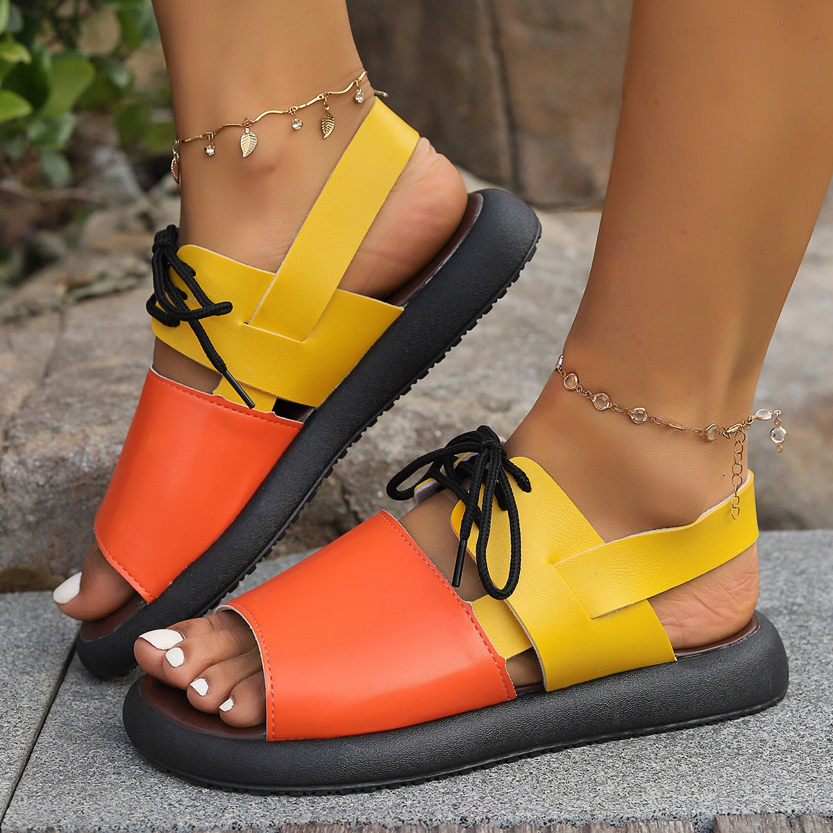 Fish Mouth Colour-block Lace-up Roman Sandals.