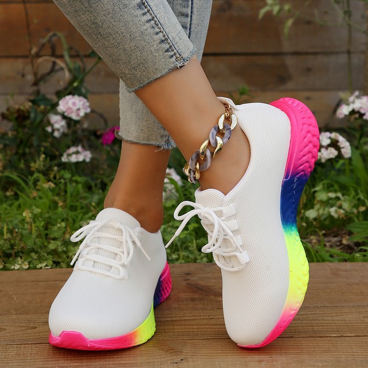 Lace-Up Mesh Shoes With Rainbow Sole Design Sneakers for Trendy Style