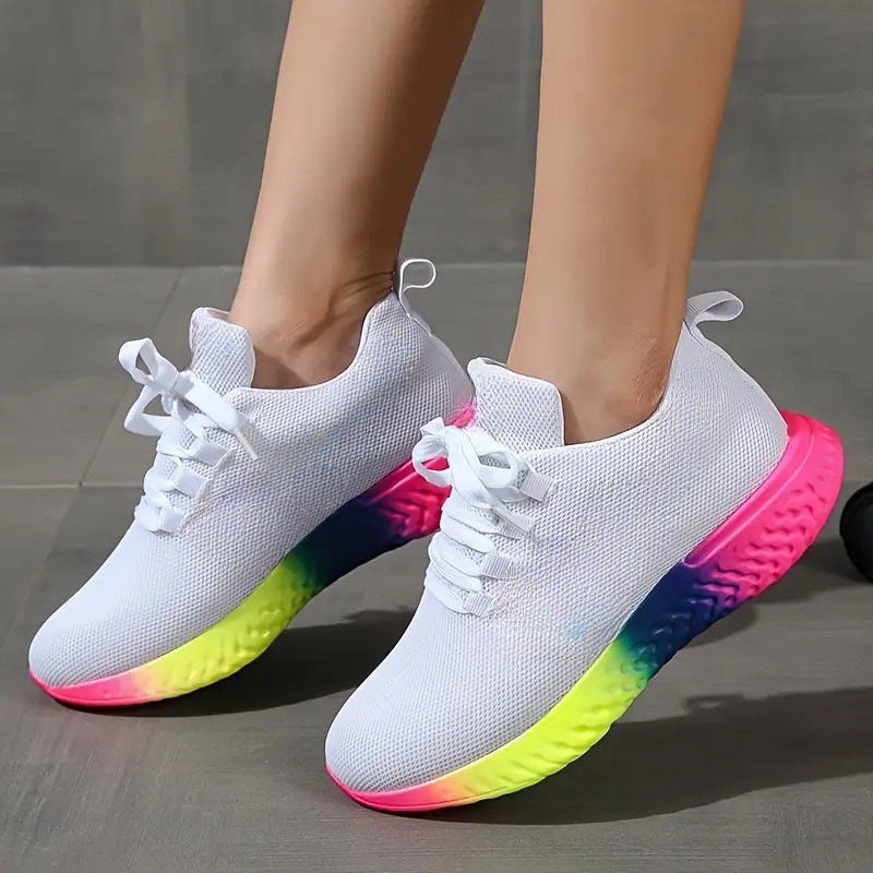 Lace-Up Mesh Shoes With Rainbow Sole Design Sneakers for Trendy Style