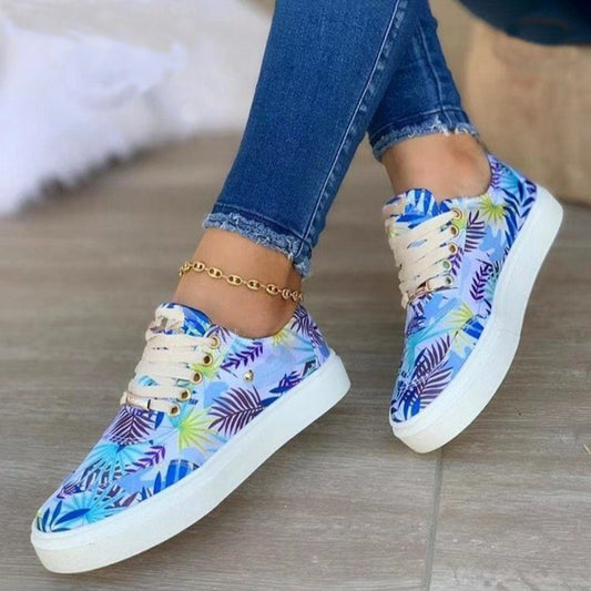 Canvas Shoes For Women Lace-Up Flats Leaves Print Casual Sneakers