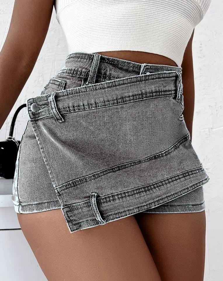 Denim Shorts Overlap Waist Wrap Skinny Mini Skorts - Ricky Dale 