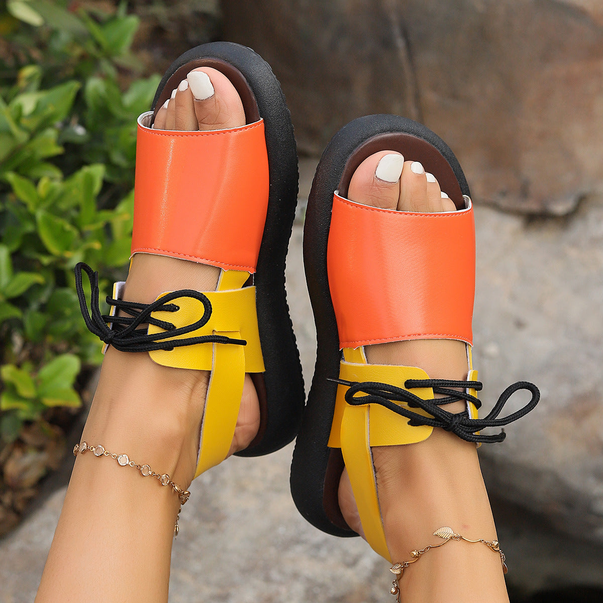 Fish Mouth Colour-block Lace-up Roman Sandals.