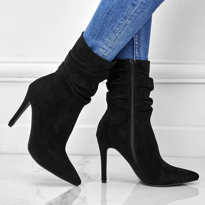 Pointed Toe Side Zipper Stiletto Boots.