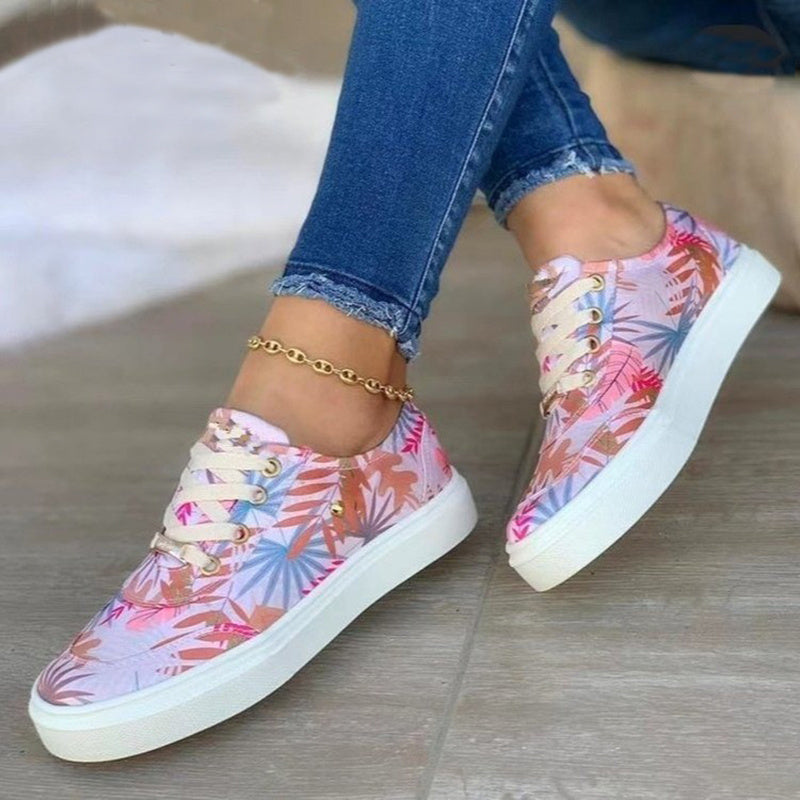 Canvas Shoes For Women Lace-Up Flats Leaves Print Casual Sneakers