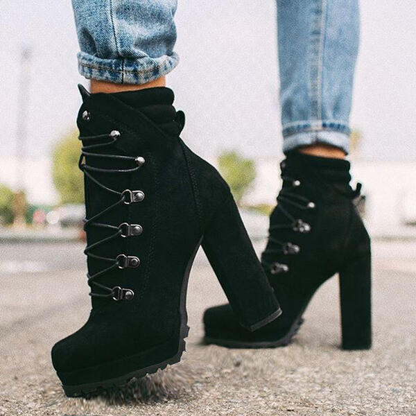 Round Toe Lace up High Heeled Boots.