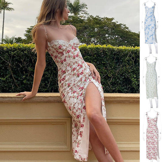 Lace Flowers Print Long Dress Sexy Fashion Slit Suspender Dress