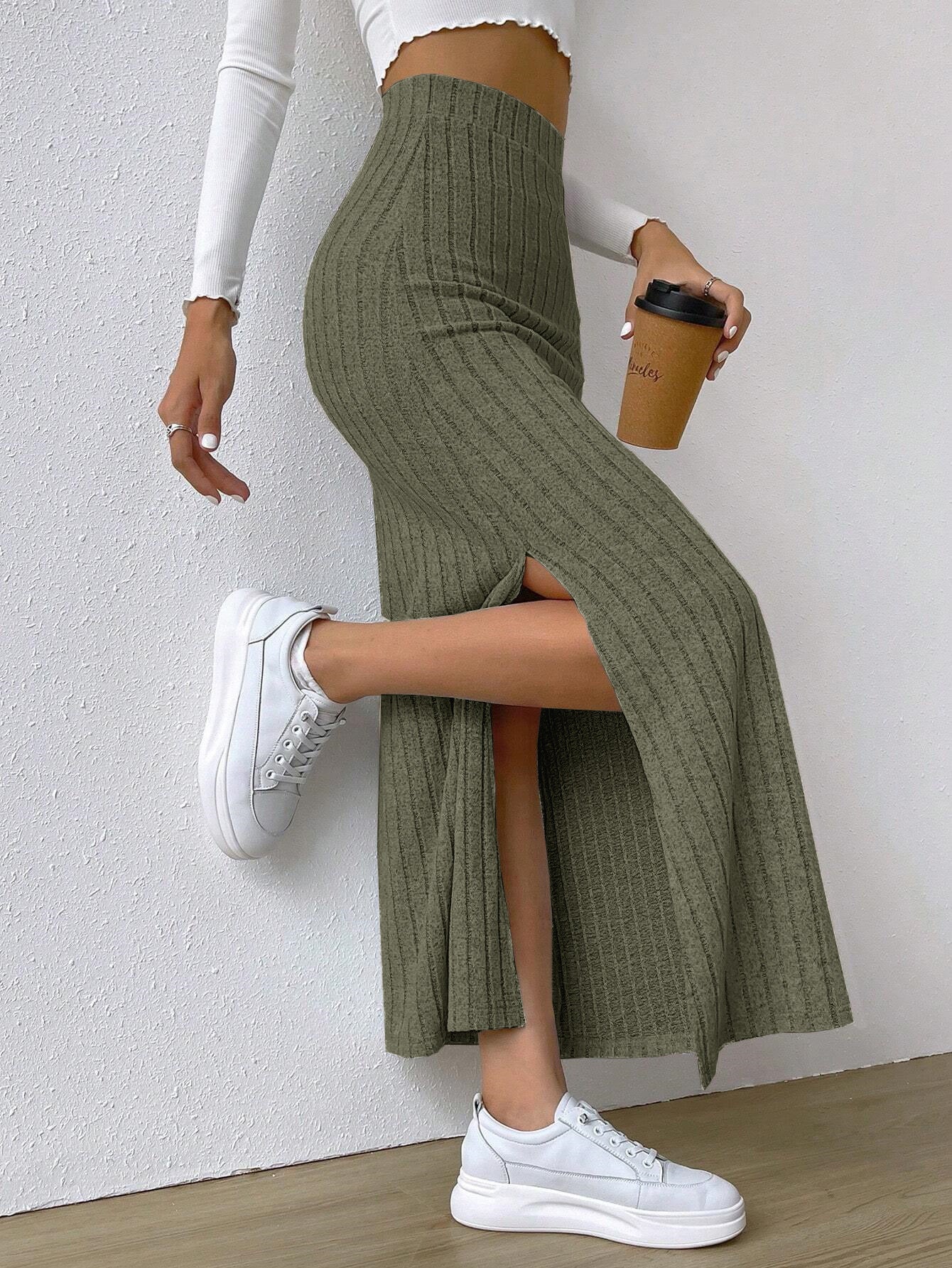 Long Knitted Skirt, High Waist with Side Slit. - Ricky Dale 