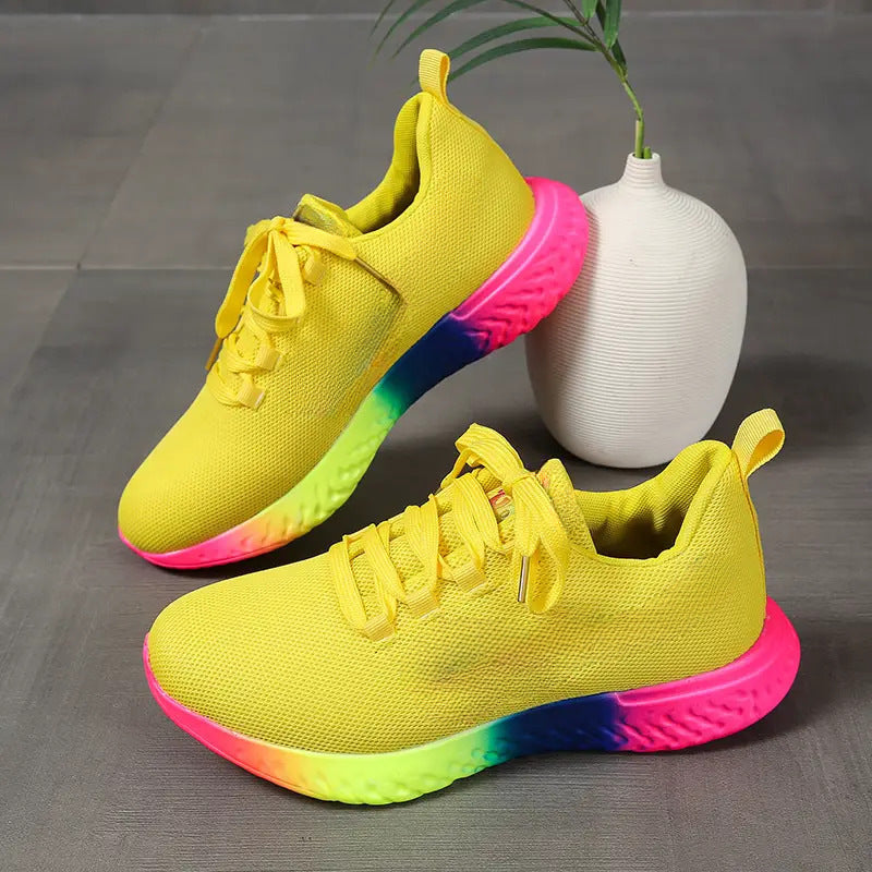 Lace-Up Mesh Shoes With Rainbow Sole Design Sneakers for Trendy Style