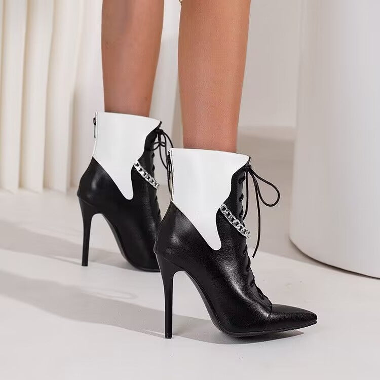 Colourblock  Pointed Chain Stiletto Ankle Boots