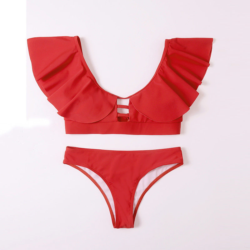 Ruffle Solid Tie Bikini Swimwear